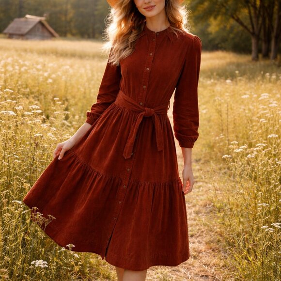 Boden Dresses & Skirts - BODEN corduroy midi dress tiered button down rust 6 Long belt prairie cottage